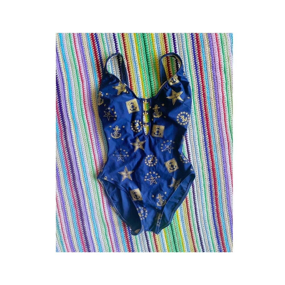 vintage 90s NAUTICAL Cut Out Anchor SWIMSUIT Small sailor print bathing suit